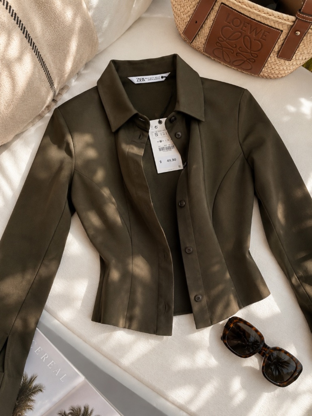 Zara NWT Olive Satin Button Front Crop Top | Size Small